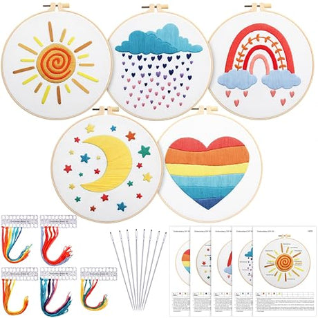 Yinder 5 Set Starter Embroidery Kit for Beginners Boho Cross Stitch with Patterns Embroidery Hoops Instructions Floss Punch Needlepoint Kits Crafts DIY Adult Beginner Cross Stitch(Rainbow) Yinder