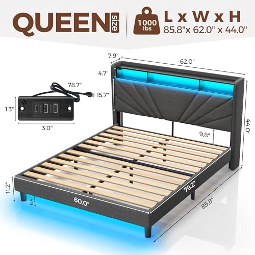 Rolanstar Queen Size Bed Frame, Storage Headboard with Charging Station and LED Lights, Upholstered Bed with Heavy Duty Wood Slats, No Box Spring Needed, Noise Free, Easy Assembly, Dark Grey Rolanstar
