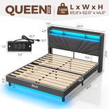 Rolanstar Queen Size Bed Frame, Storage Headboard with Charging Station and LED Lights, Upholstered Bed with Heavy Duty Wood Slats, No Box Spring Needed, Noise Free, Easy Assembly, Dark Grey Rolanstar