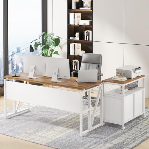 LITTLE TREE 63" L-Shaped Executive Desk & 32" Mobile Filing Cabinet Set in Walnut LITTLE TREE