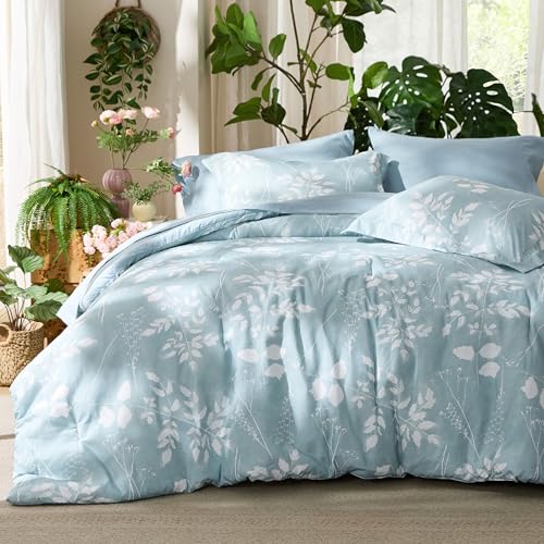 Bedsure Sky Blue Queen Comforter Set - 7 Pieces Floral Bedding Sets, Queen Bed in a Bag with Reversible Botanical Flowers Comforter, Sheets, Pillowcases & Shams Bedsure