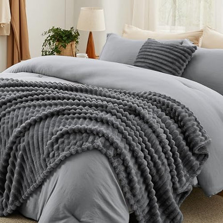 Bedsure Full Comforter Set 5 Pieces - Bed in a Bag with Fleece Throw Blanket and Decorative Pillow, Lightweight Bedding Comforter Sets, All Season Bedding, Dark Grey Bedsure