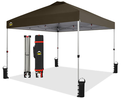 CROWN SHADES 10x10 Pop Up Canopy - Beach Tent with One Push Setup - Outdoor Sun Shade for Events, Parties, Camping - Gazebo with STO-N-Go Cover Bag, Silver Coated Top, 3 Height& 4 Sand Bags, Coffee CROWN SHADES
