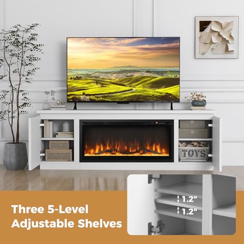 Tangkula Fireplace TV Stand for TVs up to 80", 70" Media Console Table with 36" Electric Fireplace, 3 Adjustable Shelves, Anti-Tipping Kits & Soft Close Hinges, Entertainment Center (White) Tangkula