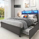 Lifezone Full Bed Frame with 2-Tier Storage Headboard, Metal Platform Bed Frame with 4 Storage Drawers, Built in Charging Station & LED, Noise-Free/Metal Support/No Box Spring Needed, Rustic Grey Lifezone