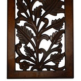 Benjara Mango Wood Wall Panel Hand Crafted with Leaves and Scroll Work Motif, Brown, Rectangle Benzara