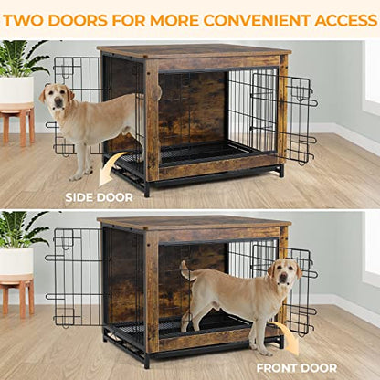 TLSUNNY Dog Crate Furniture, 38.6" Wooden Side End Table, Modern Dog Kennel with Double Doors, Heavy-Duty Dog Cage with Pull-Out Removable Tray,