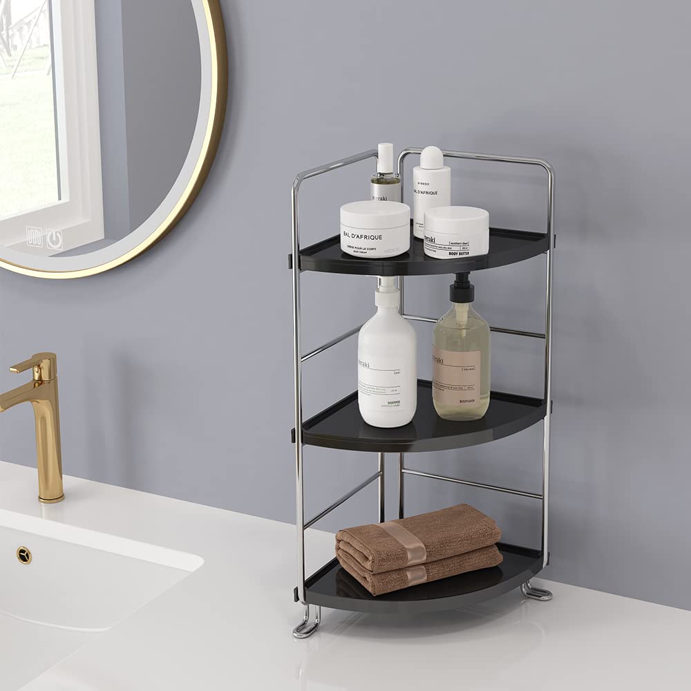 KINGBERWI 3 Tier Bathroom Corner Organizer Countertop, Vanity Counter Skincare Makeup Storage Shelf, Bathroom Sink Countertop Organizer, Black KINGBERWI