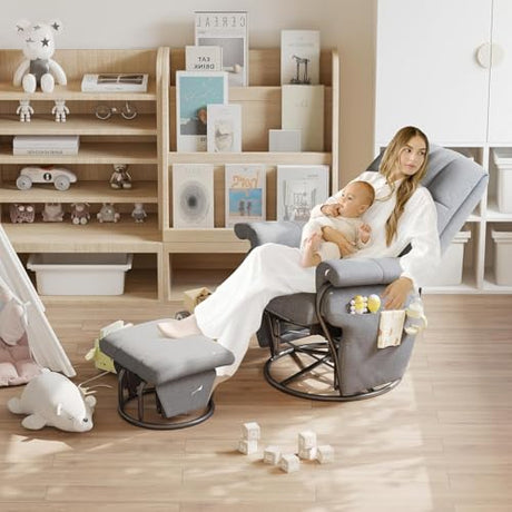 JIASTING 360° Swivel Recliner Chair with Ottoman & Double Side Pockets, Nursing Glider Rocking Recliner Chair, Gliding Chairs for Nursery, Living Room, Bedroom, Office (Gray) JIASTING