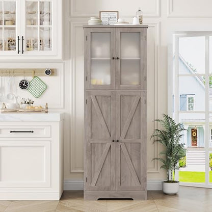 BOTLOG Farmhouse Bathroom Storage Cabinet, 67'' Tall Storage Cabinet with Barn Doors and Shelves, Kitchen Pantry Cabinet for Living Room, Dining Room, Rustic Grey - WoodArtSupply