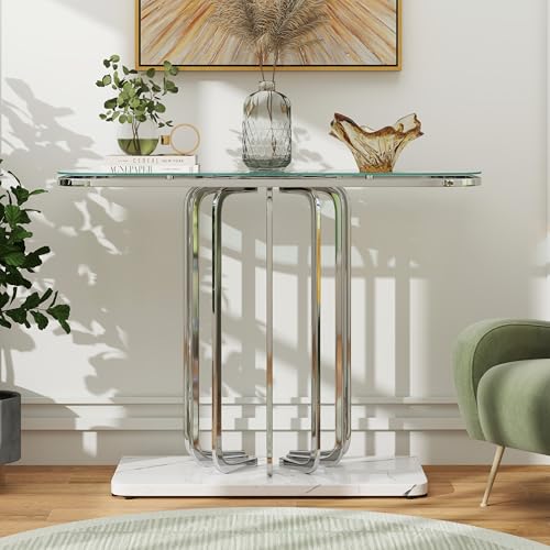 O&K FURNITURE 43" Modern Glass Console Table with Curved Chrome Frame & Faux Marble Base, Silver Narrow Sofa Table for Entryway, Living Room, Hallway, Home Office O&K FURNITURE