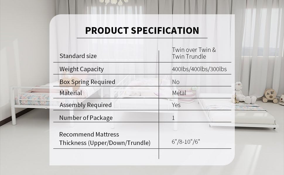 NeoTechEra Heavy-Duty Twin Over Twin Bunk Bed with Trundle - Convertible Adult Bunk Bed Frame, Full-Length Guardrail & Secure Ladder - No Box Spring, Space-Saving Platform Bed for Home/Dorm NeoTechEra