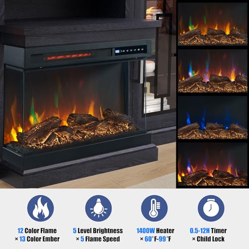 Unineo 59 Inch LED TV Stand with 3-Side Glass Fireplace, Modern Media Entertainment Center Console Table for TVs up to 65 Inch with Adjustable Flame & LED Color, 24’’ Fireplace, Highboy, Black Unineo