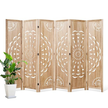 66.9Inch Wooden Room Partition - 6 Panels Boho-Styled Space Room Divider for Home/Office, Headboard & Yoga/Photo/Video Call Backdrop (Natural) Svimi