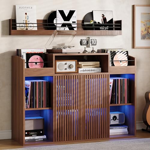 IRONCK Luxury Record Player Stand with Storage, Holds 1500+ Vinyl Records, Large Record Storage Cabinet with Sliding Doors & Charging Station & LED Light, Brown IRONCK