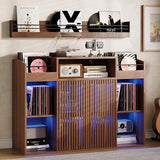 IRONCK Luxury Record Player Stand with Storage, Holds 1500+ Vinyl Records, Large Record Storage Cabinet with Sliding Doors & Charging Station & LED Light, Brown IRONCK