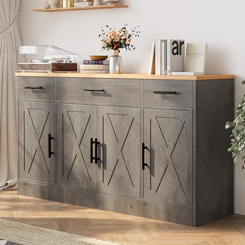 Shintenchi Buffet Cabinet with Storage,53.4" Large Kitchen Storage Cabinet with 3 Drawers and 4 Doors,Wood Farmhouse Buffet Sideboard with Adjustable Shelf for Kitchen Living Room,Ash Grey Shintenchi