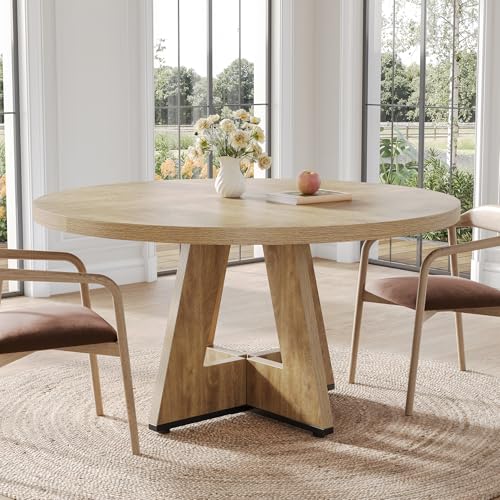 LITTLE TREE Round Dining Table for 4-6 People, 47 Inches Dining Room Table with Wooden Pedestal Base, Circle Kitchen Tables for Dining Room, Kitchen, Living Room, Oak LITTLE TREE