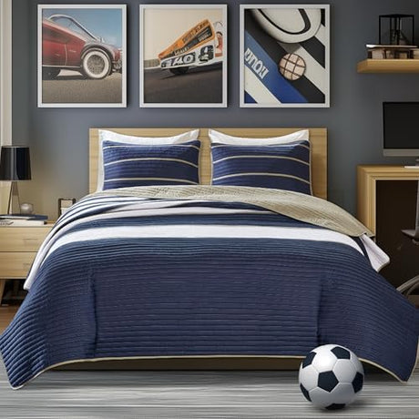 Comfort Spaces Quilt Set Trendy Casual Fun, Vibrant Color Design, Hypoallergenic All Season, Lightweight Coverlet Bedspread Cozy Kids Bedding & Sham Twin/Twin XL Verone White Blue Stripe 2 Piece Comfort Spaces