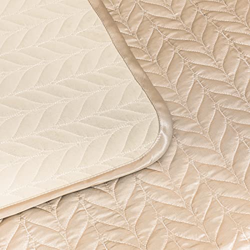 Whale Flotilla Silky Soft Satin Quilt King Size, Luxury Reversible Lightweight Bedspreads Covelets for All Seasons, Leaf Stitched Pattern Bedding Set with Satin Pillowcases, Champagne Whale Flotilla