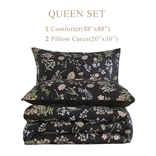 Floral Comforter Set Queen Size, Yellow Green Botanical Flower Leaves Printed Comforter for Kids Teen Women, 3 Piece Soft Microfiber Bedding Set with 2 Pillow Cases for All Season(Black,Queen) KAKIJUMN