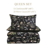 Floral Comforter Set Queen Size, Yellow Green Botanical Flower Leaves Printed Comforter for Kids Teen Women, 3 Piece Soft Microfiber Bedding Set with 2 Pillow Cases for All Season(Black,Queen) KAKIJUMN