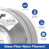 Nylon Glass Filled Filament Grey Nylon Glass Fiber 1.75mm PA GF 3D Printer Filament PA6-GF 1kg with Reusable PC Spool yxpolyer