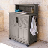Suncast Patio Plastic Storage and Prep Station with Decorative Wicker Pattern and Multi Wall Panels for Patio, Garden, and Lawn Use, Stoney Gray Suncast
