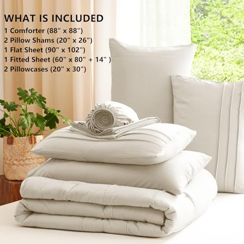 CozyLux Queen Comforter Set Beige, 7 Pieces Soft Pinch Pleat Bed in a Bag Queen Comforter Set with Sheets, Boho Bed Set with Down Alternative Comforter, Sheets, Pillowcases & Shams CozyLux