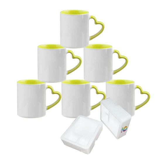 MR.R Sublimation Blank Dishwasher Ceramic Mug,Blank Coated Cup,Sublimation Blank Mugs,Classic Cup with Yellow Color Inner Mug and Heart Handle,11oz,Set of 6