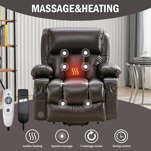RHHVVR Power Lift Recliner Chair for Elderly, Lay Flat Recliner Chair with Heat and Massage, Electric Stand Assist Leather Lift Lounge Recliner Presents for Family, Dark Brown RHHVVR