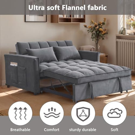 54" Convertible Sofa Bed, Velvet Sleeper Sofa with Pull-Out Bed, 3-in-1 Futon Couch with Reclining Backrest and Side Pocket, Modern Loveseat for Living Room (Medium Grey) Qinazoe