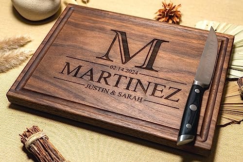 Walnut Artisan Personalized Cutting Boards,Mother's Day, Custom Wedding, Anniversary or Housewarming Gift Idea, Wood Engraved Charcuterie Board for Couples and Newlyweds, Monogram Initial Des - WoodArtSupply