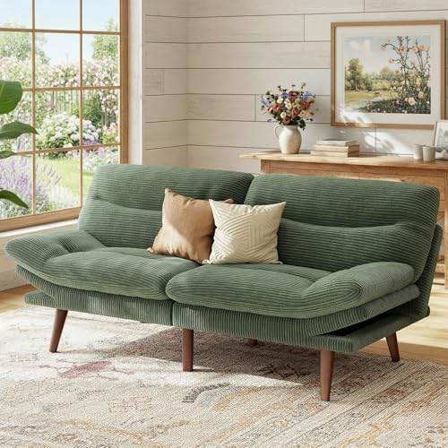 Marsail 66.1" Futon Sofa Bed, Corduroy Convertible Futon Couch with Adjustable Backrest & Armrests, Small Sleeper Sofa Loveseat for Small Apartments, Study Room, Office, Green Marsail