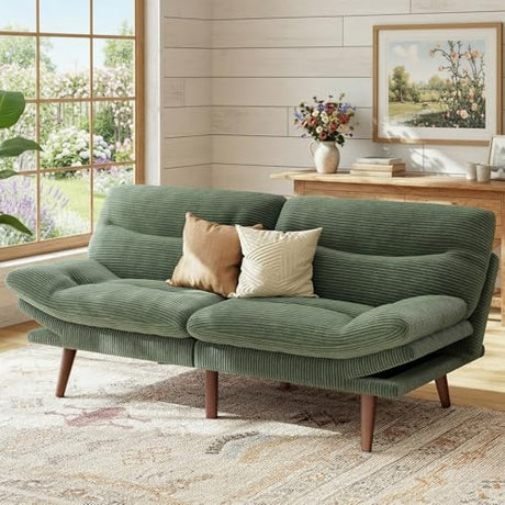 Marsail 66.1" Futon Sofa Bed, Corduroy Convertible Futon Couch with Adjustable Backrest & Armrests, Small Sleeper Sofa Loveseat for Small Apartments, Study Room, Office, Green Marsail