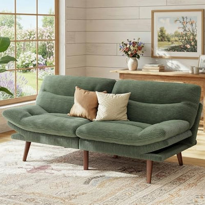 Marsail 66.1" Futon Sofa Bed, Corduroy Convertible Futon Couch with Adjustable Backrest & Armrests, Small Sleeper Sofa Loveseat for Small Apartments, Study Room, Office, Green