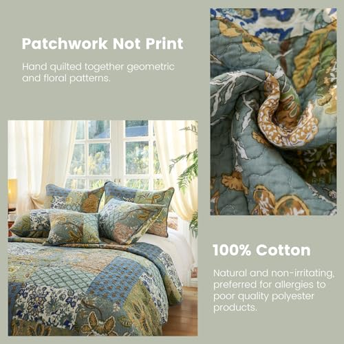 Secgo Queen Comforter Set for Bed - 100% Cotton Quilts Queen Size, Green, Sage Bedspreads (90 * 98 Inch) with 2 Pillow Shams, Patchwork Reversible Lightweight Bedding Secgo