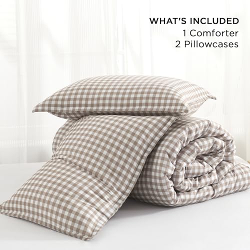 Andency Tan Gingham Comforter Set Full(79x90Inch), Brown Checkered Grid Plaid Buffalo Bed Set for Girls Boys Kids Teens, 3 Pieces Lightweight Microfiber Geometric Preppy Bedding