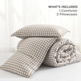 Andency Tan Gingham Comforter Set Full(79x90Inch), Brown Checkered Grid Plaid Buffalo Bed Set for Girls Boys Kids Teens, 3 Pieces Lightweight Microfiber Geometric Preppy Bedding