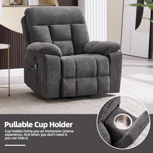 CANMOV Large Power Lift Recliner Chair with Massage and Heat for Elderly Big and Tall People, Overstuffed Wide Recliners with 2 Cup Holders, Side Pocket and USB Port, Dark Grey
