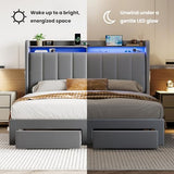 SHA CERLIN Velvet Queen Bed Frame with Vertical Channel Tufted Wingback Headboard & 2 Storage Drawers/2-Tier Shelves with LED Lights & Charging Station/Noise-Free/No Box Spring Needed/Light Grey SHA CERLIN