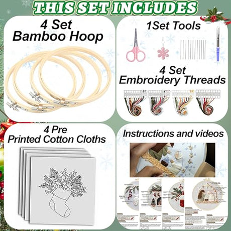 QBQBQ 4 Sets Christmas Embroidery Kits for Adults, Embroidery Kit for Beginners, Cross Stitch Kits for Beginners with Pattern, Needles, Threads, Tools (Christmas Kits B) QBQBQ