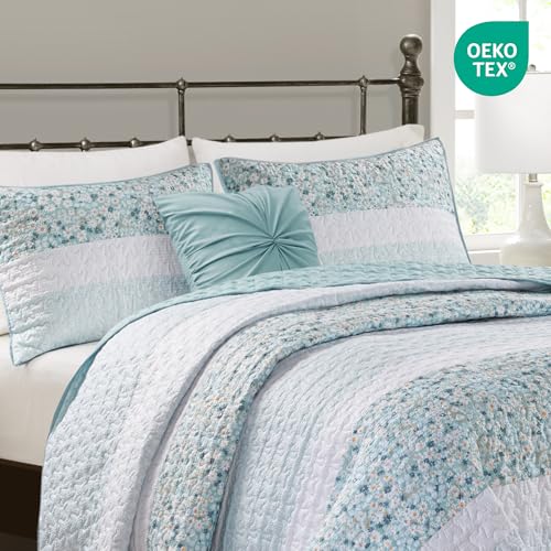 Madison Park Queen Quilt Set, Seersucker Floral Coverlet, All Season Lightweight Microfiber Bedding Quilt Set, Vermicelli Quilting Design, Throw Pillow, Caralie, Full/Queen Aqua 4 Piece Madison Park