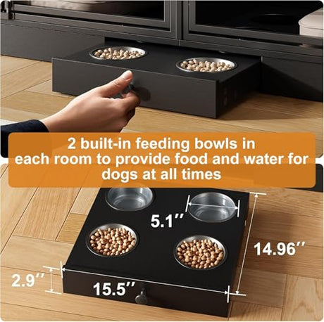 GAOMON Dog Crate Furniture for 2 Dogs, 78.7'' Large Dog Kennel Indoor with 4 Storage Drawers and Feeding Bowls, Double Dog Crate TV Stand for Small and Medium Dogs, Black GAOMON