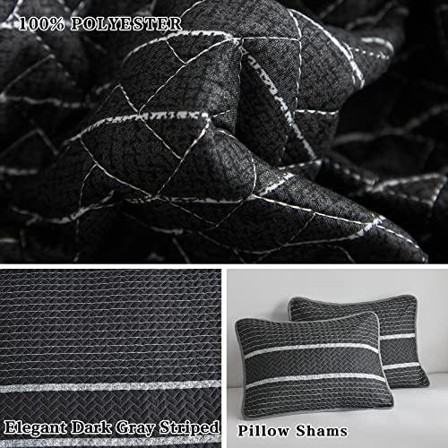 Flysheep Dark Grey Boho Quilt Set Full Queen Size, 3 Pcs White Striped on Gray Reversible Bedspread, Brushed Microfiber Coverlet for All Season, 1 Quilt + 2 Pillow Shams Flysheep