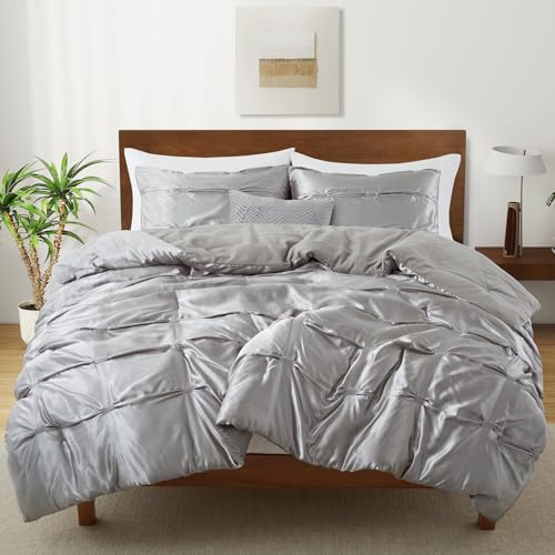 Lanest Housing Full/Queen Size Satin Comforter Set Grey, 3 Pieces Soft and Lightweight Silk Bedding, All Season Fluffy Down Alternative Comforter Bed Set Lanest Housing