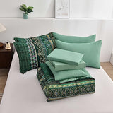 Boho Green Comforter Set Queen Size,8 Piece Bed in a Bag Bohemian Striped Bedding Quilt Set,Dark green Paisley Floral Comforter and Sheet Set,Soft Microfiber Complete Bedding Sets for All Season Cottolester