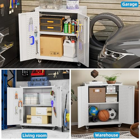Aobabo Metal Garage Storage Cabinet on Wheels,2 Doors Storage Cabinet with Wheels for Garage,Assembly Required,White Aobabo
