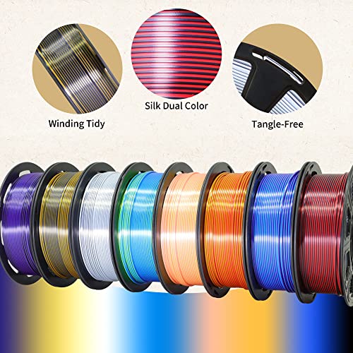 8 Spools Dual Color Silk PLA 3D Printer Filament Bundle, Silk White/Black, Red/Black, Gold/Black, Purple/Black, Purple/Blue, Red/Gold, Green/Blue, Yellow/Pink, 1.75mm Bicolor Silk PLA 250gX8 - WoodArtSupply