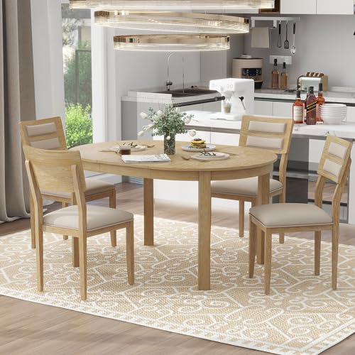 Merax Farmhouse Wood 5-Piece Multifunction Dining Set, 56 inch Extendable Round Table with Storage Drawers, 4 Upholstered Chairs for Kitchen, Natural Wood Wash - WoodArtSupply